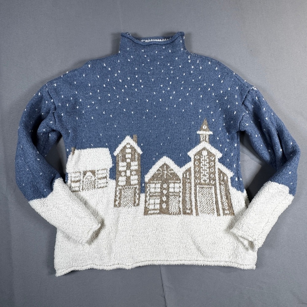 Title: Cupcakes and Cashmere Womens Blue Winter Village Snow Scene Sweater M